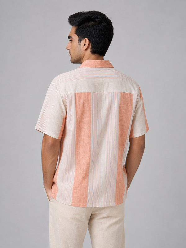 Back view of men's peach and cream striped half-sleeve shirt
