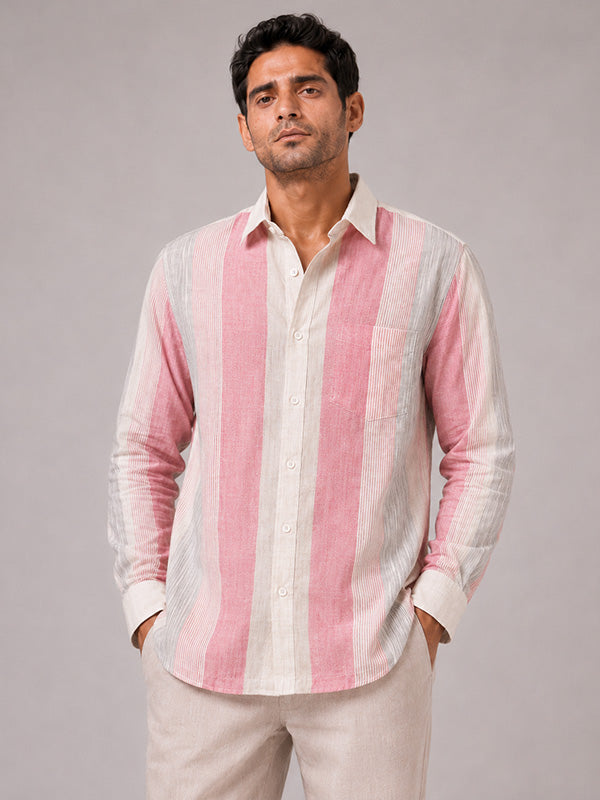 Man wearing a pink and cream striped linen-cotton full-sleeve shirt