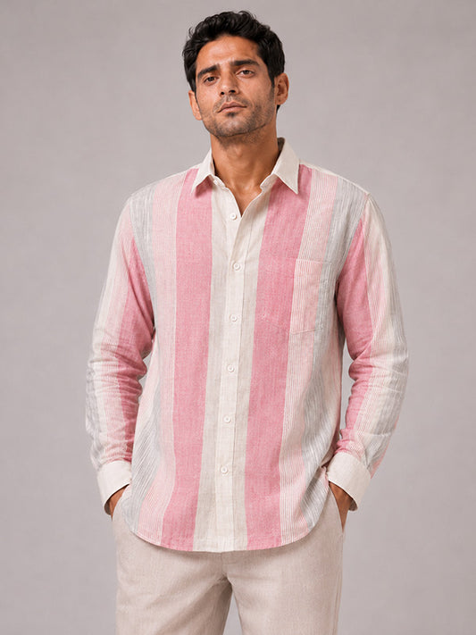 Man wearing a pink and cream striped linen-cotton full-sleeve shirt