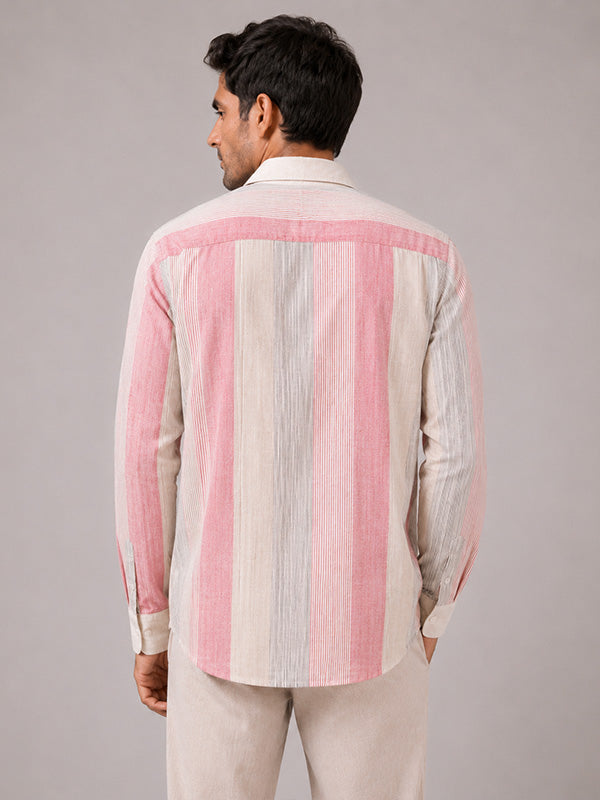 Back view of men's pink and cream striped linen-cotton shirt