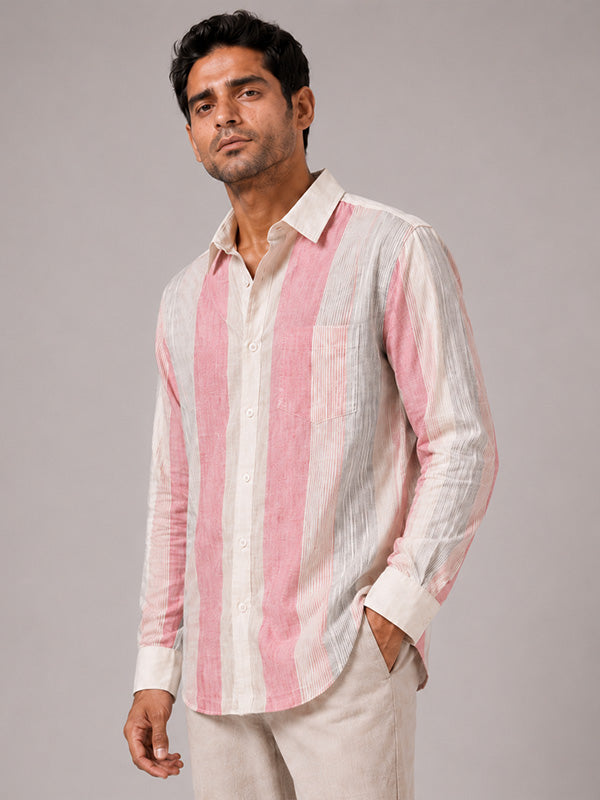 Side view of men's pink and cream striped relaxed-fit shirt