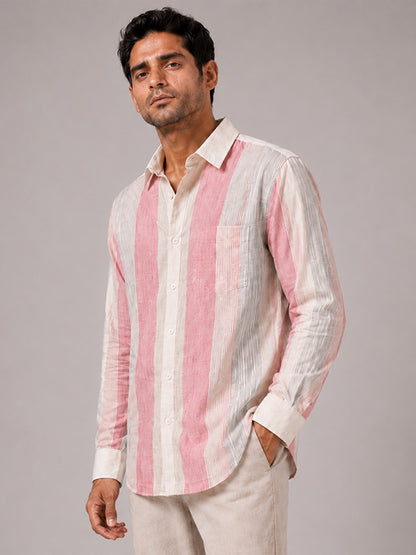 Side view of men's pink and cream striped relaxed-fit shirt