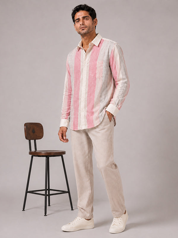 Men's pink striped linen-cotton shirt styled with cream trousers