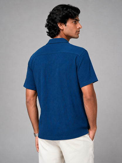Back view of men's royal blue relaxed-fit ribbed shirt