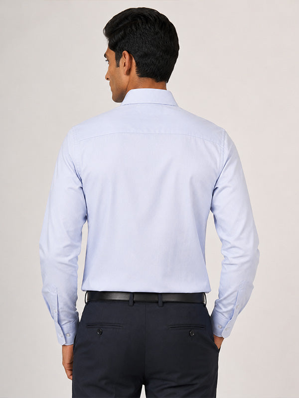 Back view of men's sky blue textured cotton full-sleeve shirt