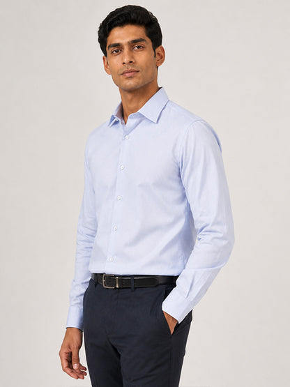 Side view of men's sky blue textured cotton full-sleeve shirt