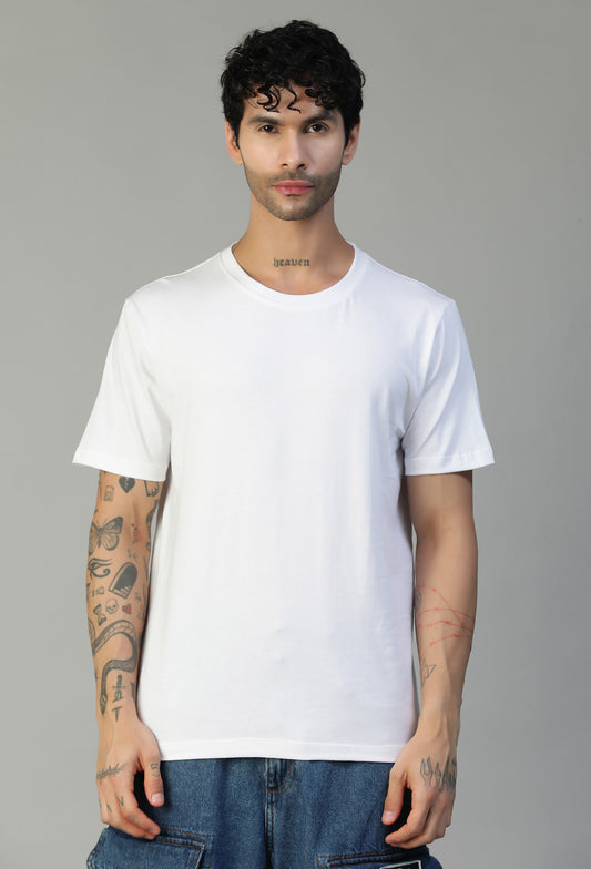 Man wearing a solid white premium cotton regular-fit T-shirt