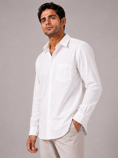 Side view of men's white cotton relaxed-fit shirt