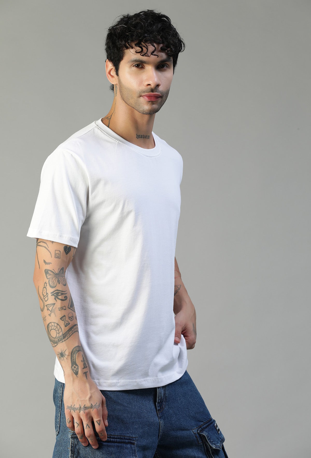Three-quarter view of men's solid white cotton T-shirt