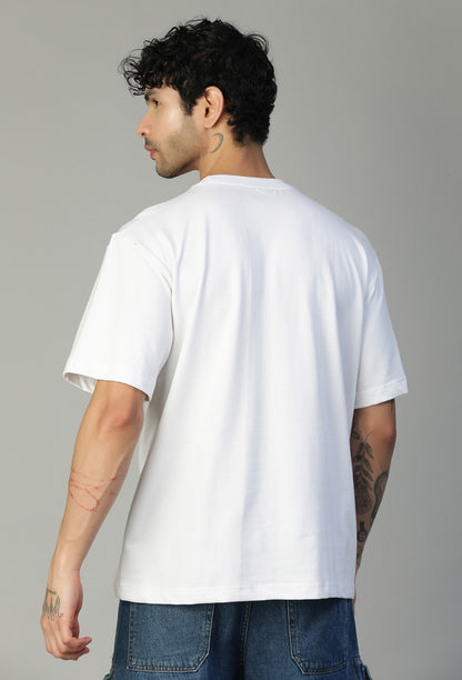 Back view of men's solid white oversized half-sleeve T-shirt