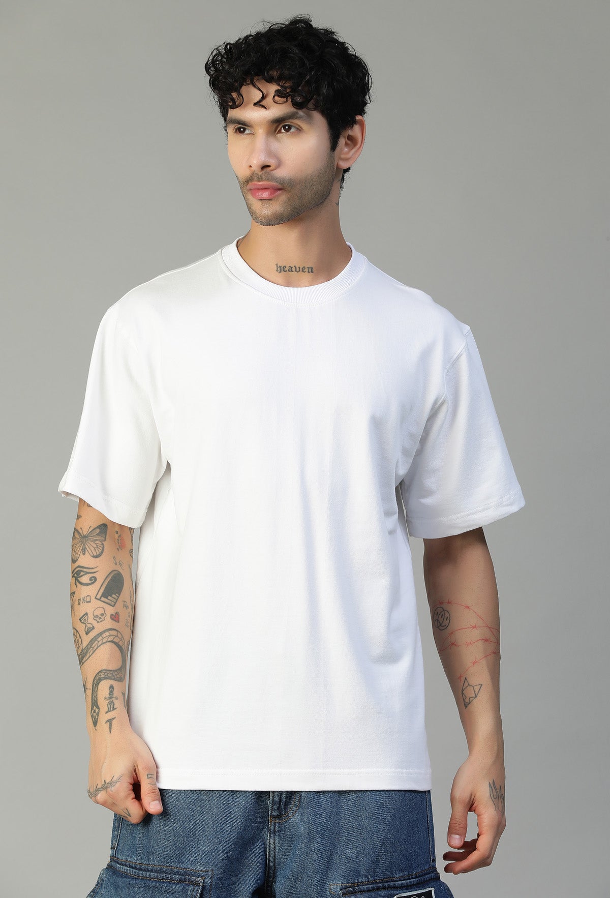 Front view of men's solid white pure cotton oversized T-shirt