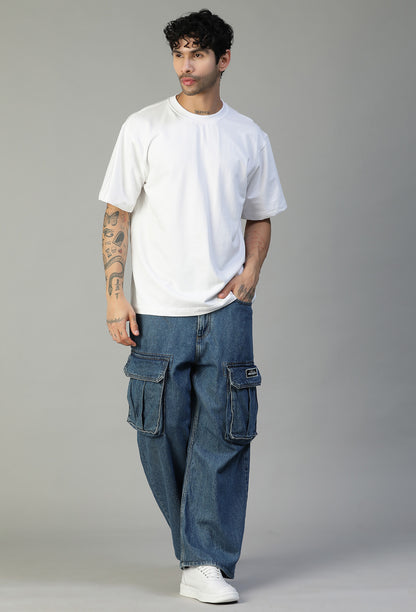 Full-length view of men's solid white oversized cotton T-shirt