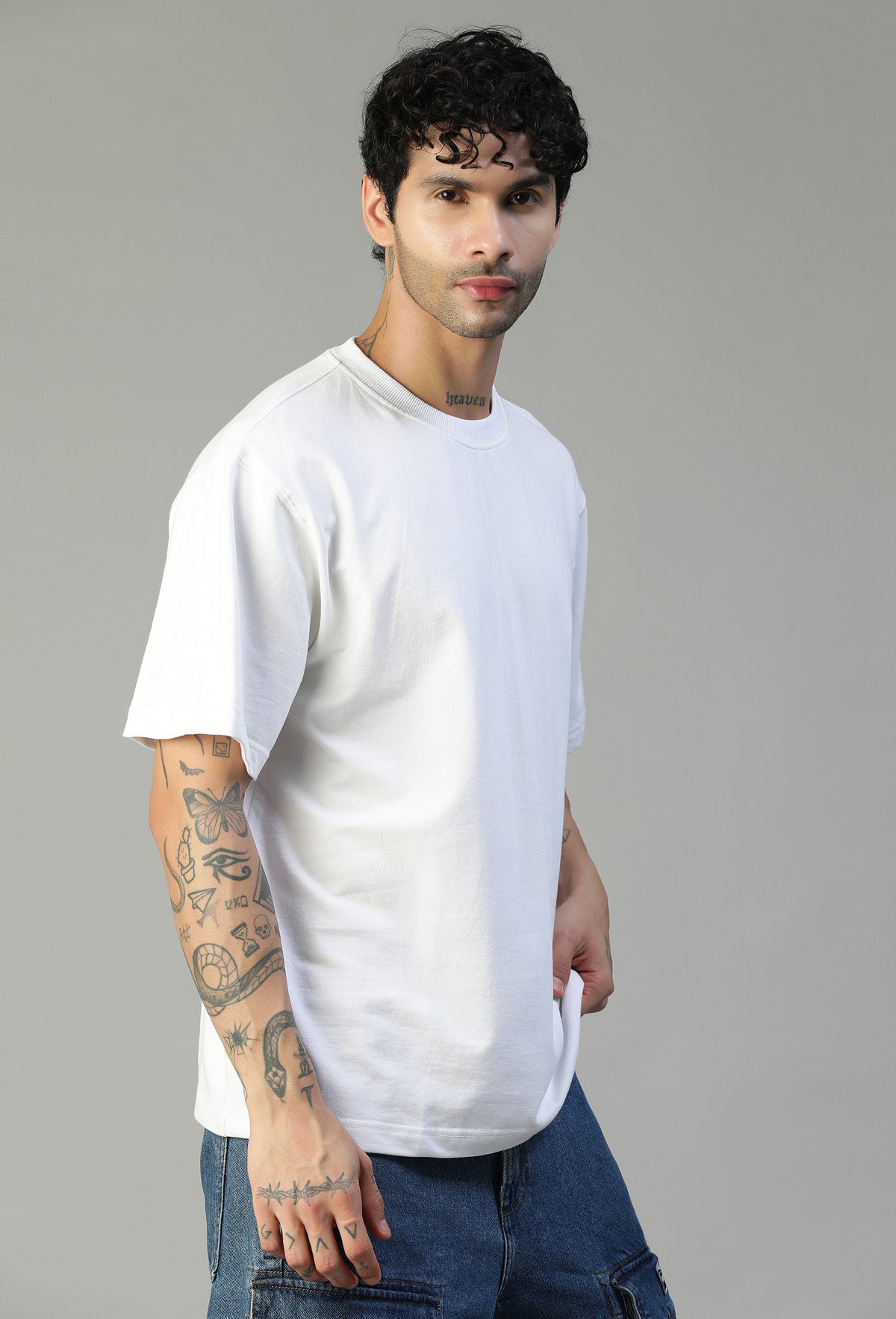 Side view of men's white oversized cotton T-shirt