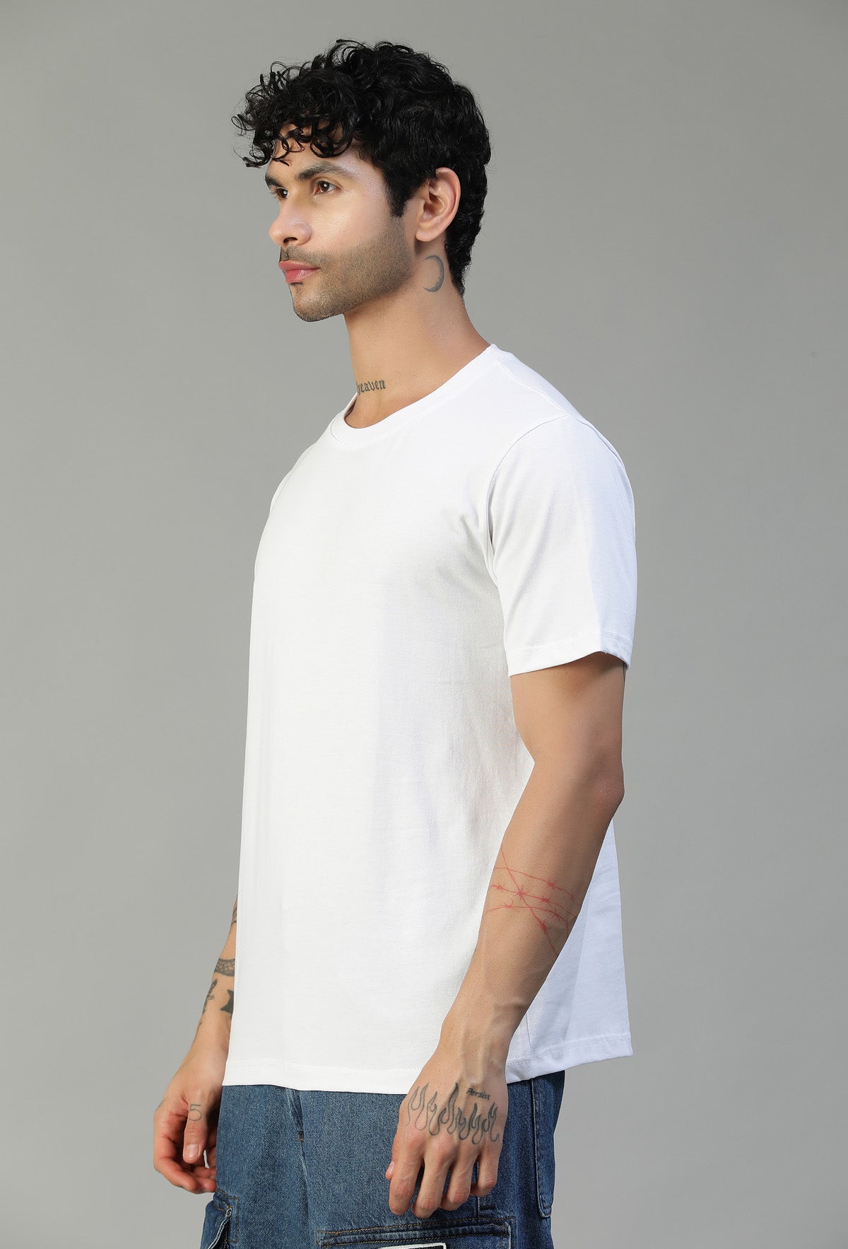 Side view of men's white cotton regular-fit T-shirt