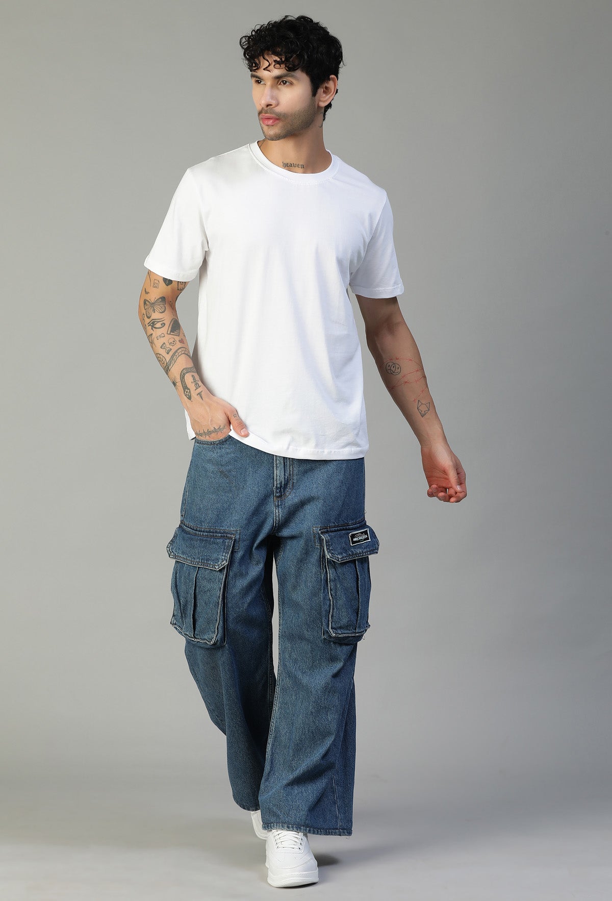 Full-length view of men's solid white cotton T-shirt