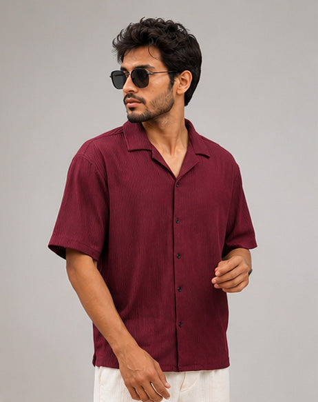 Side view of men's wine textured ribbed half-sleeve shirt