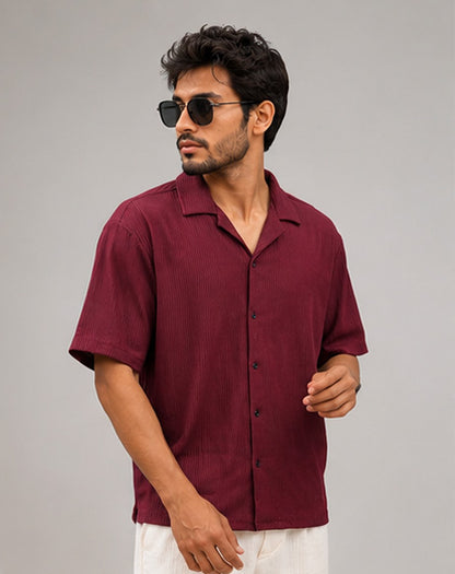 Side view of men's wine textured ribbed half-sleeve shirt