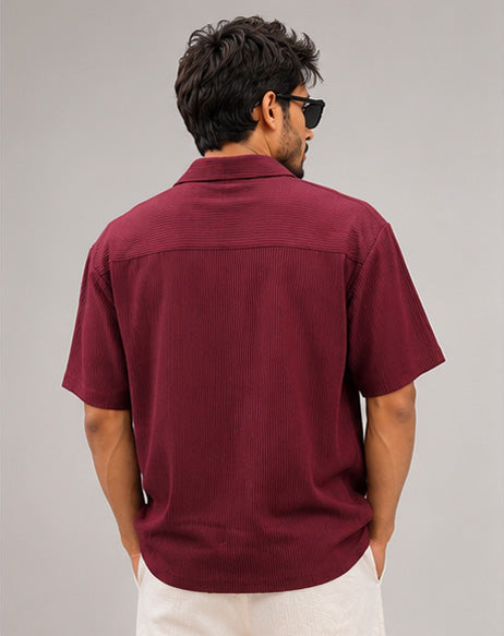 Back view of men's wine relaxed-fit ribbed shirt