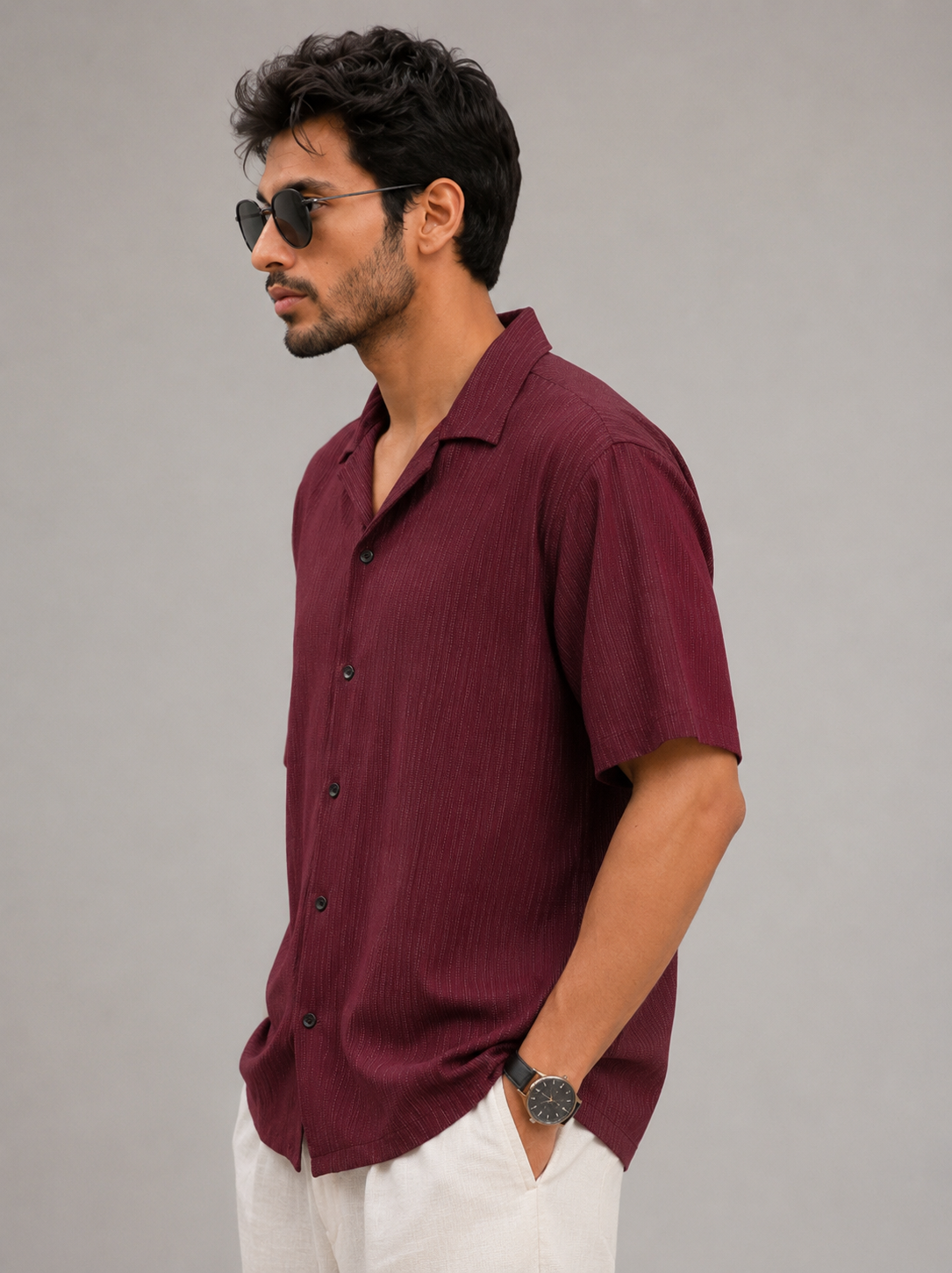 Three-quarter view of men's wine textured relaxed-fit shirt