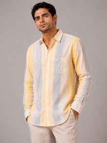 Men’s Yellow, Grey & White Striped Linen-Cotton Relaxed-Fit Full-Sleeve Shirt