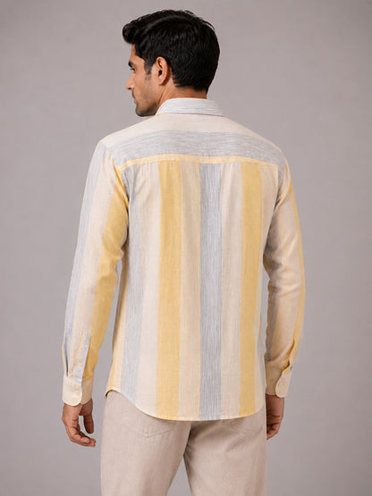 Three-quarter view of men's yellow and grey striped full-sleeve shirt