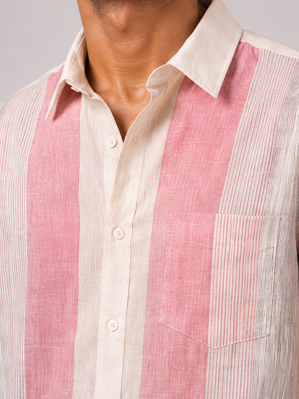 Close-up of pink and cream striped linen-cotton shirt fabric and collar