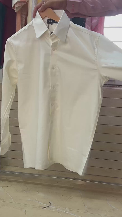 Men’s Cream Cotton Relaxed-Fit Full-Sleeve Shirt