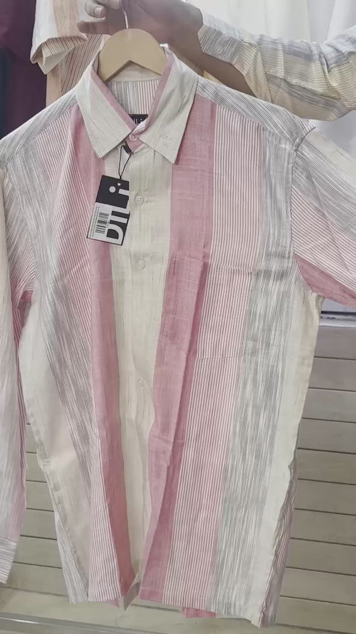 Men’s Pink & Cream Striped Linen-Cotton Relaxed-Fit Full-Sleeve Shirt