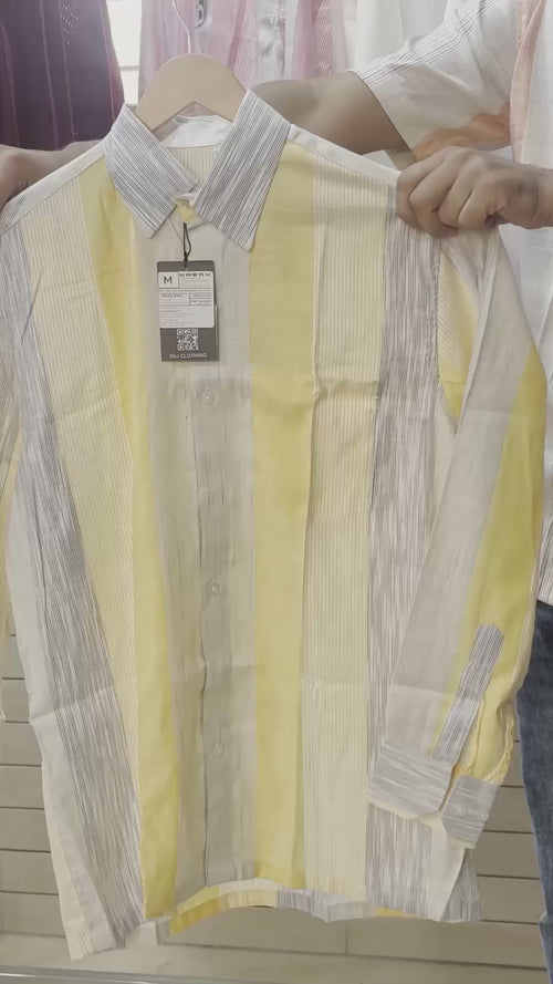Men’s Yellow, Grey & White Striped Linen-Cotton Relaxed-Fit Full-Sleeve Shirt