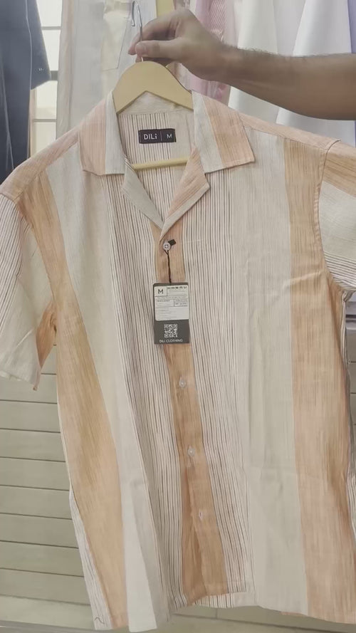 Men’s Peach & Cream Striped Linen-Cotton Relaxed-Fit Half-Sleeve Shirt