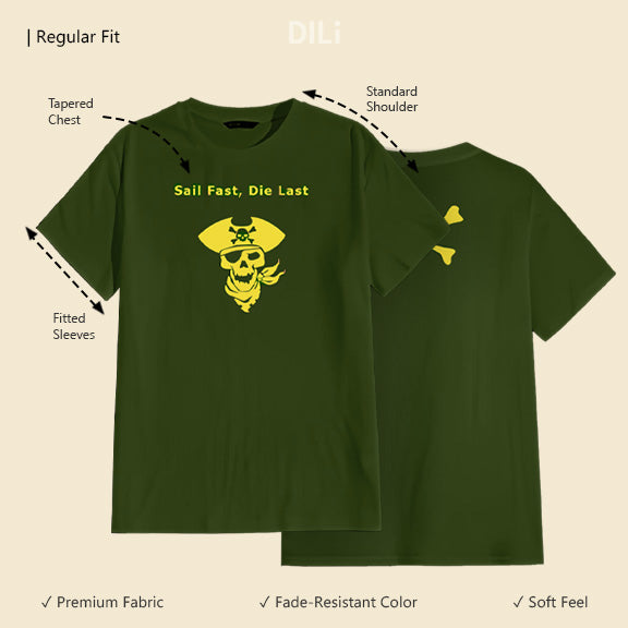 Regular Fit Pirate Graphic Printed T-Shirt Olive.