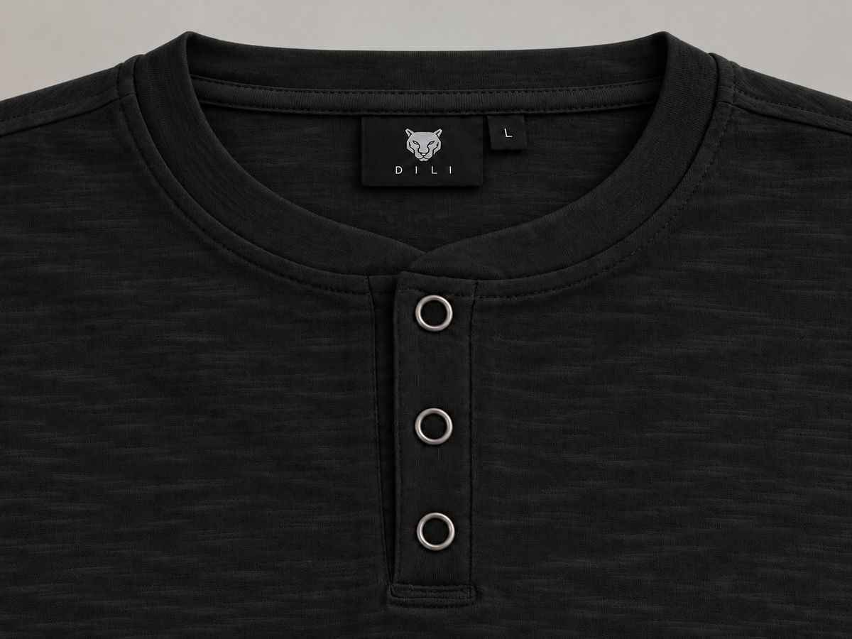 Men's black Slub Cotton Cropped Henley T-Shirt