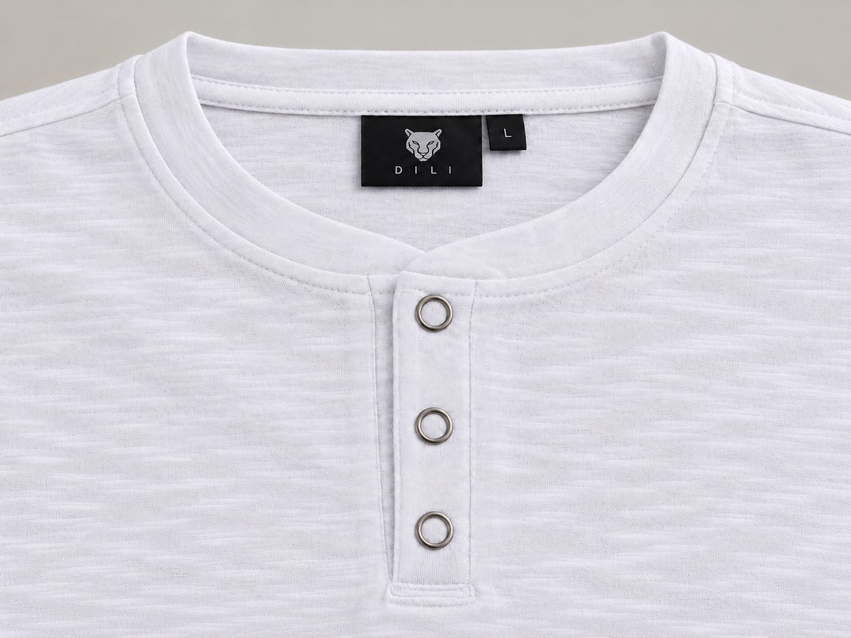 Men's White Slub Cotton Cropped Henley T-Shirt