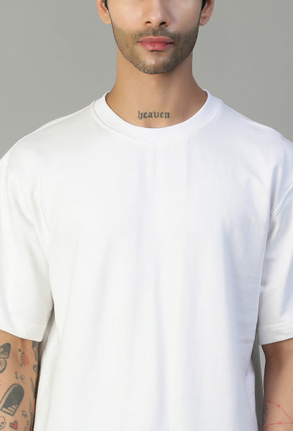 Close-up of white cotton oversized T-shirt crew neck and fabric